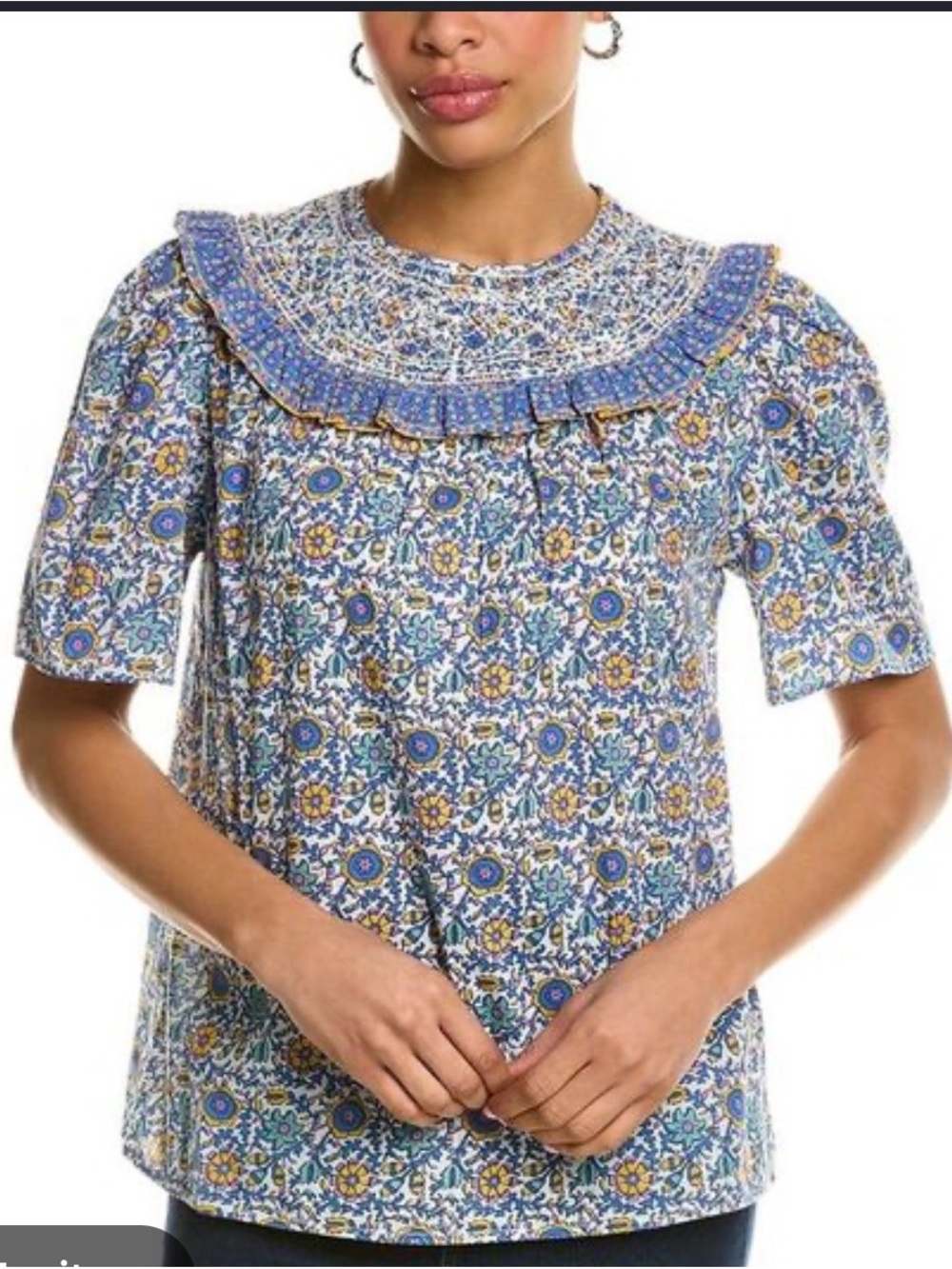 Boden Blue & Yellow Floral Ruffle Smocked Top